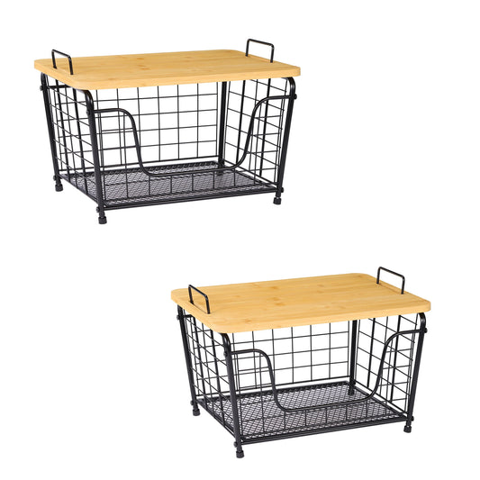2 Pack Kitchen Countertop Basket Organizer Produce Storage Basket with Wood Lid