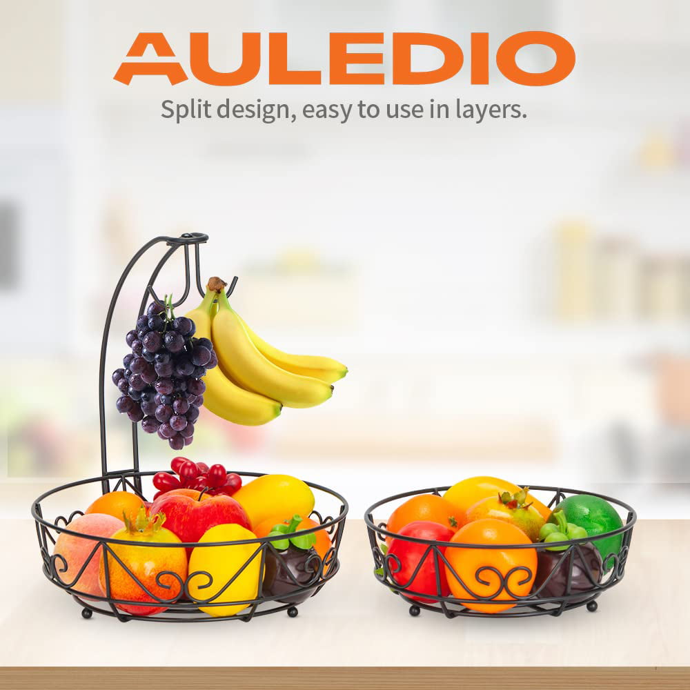 Auledio 2-Tier Countertop Fruit & Vegetable Basket & Bowl Storage with Double Banana Hooks, Black