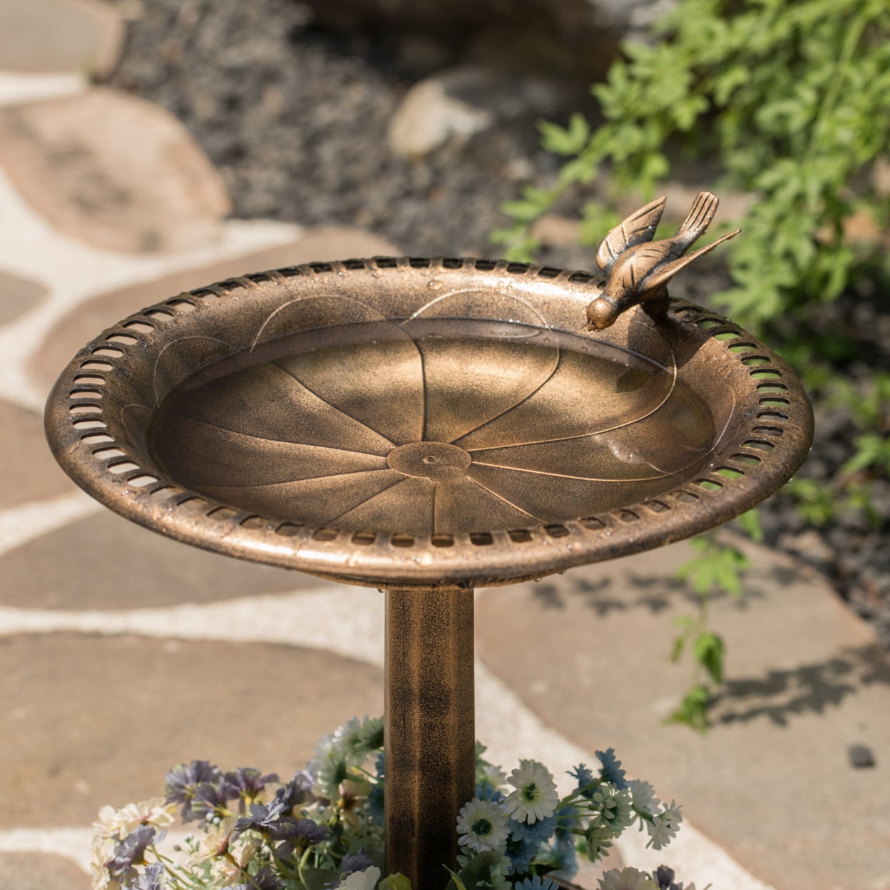 Outdoor Garden Bird Bath and Solar Powered Round Pond Fountain with Planter Bowl, Copper