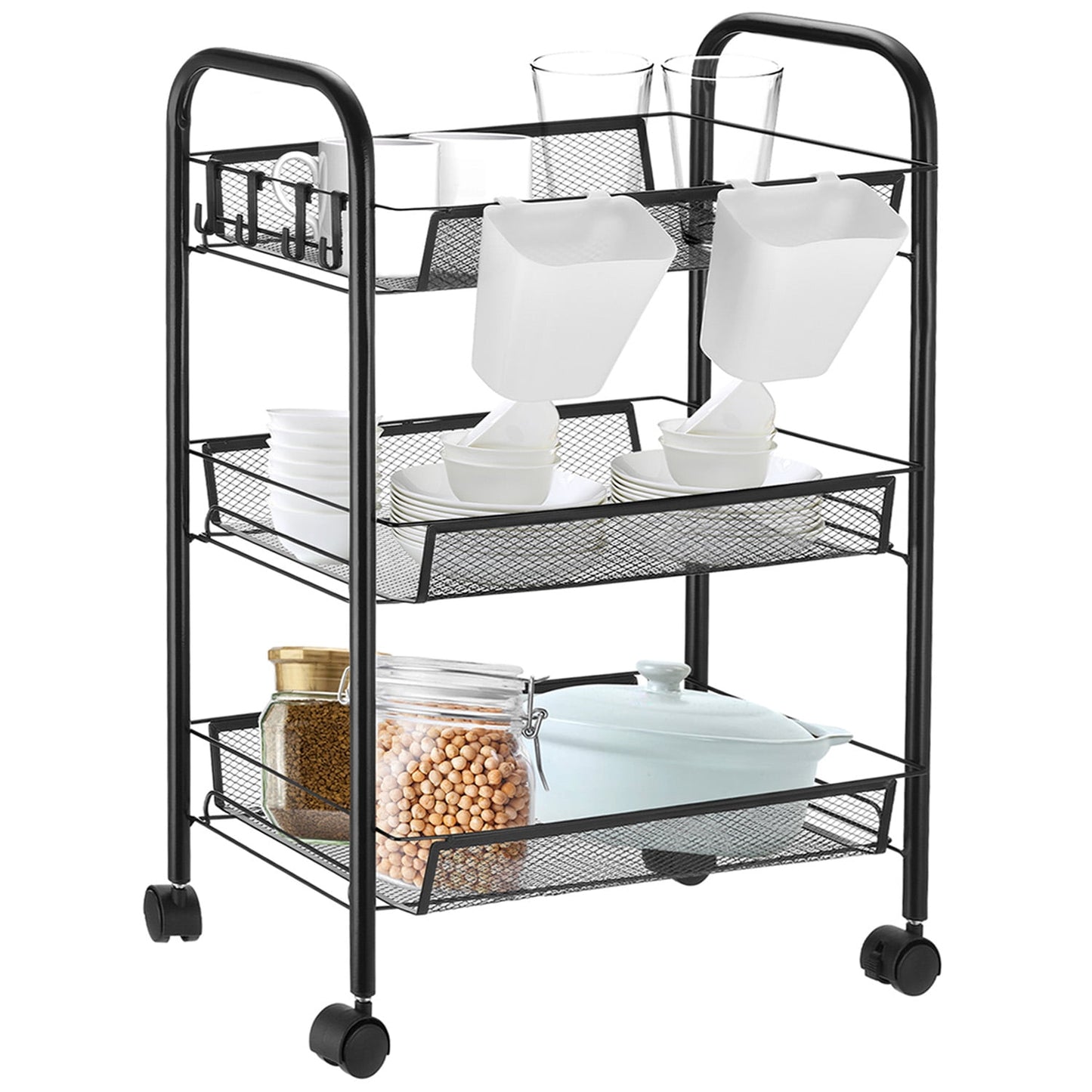 Oyajia 3 Tier Rolling Cart Organizer, Metal Mesh Rolling Storage Cart with Wheels, Small Rolling Trolley Cart, 2 Hanging Bucket and 4 Hooks .Black