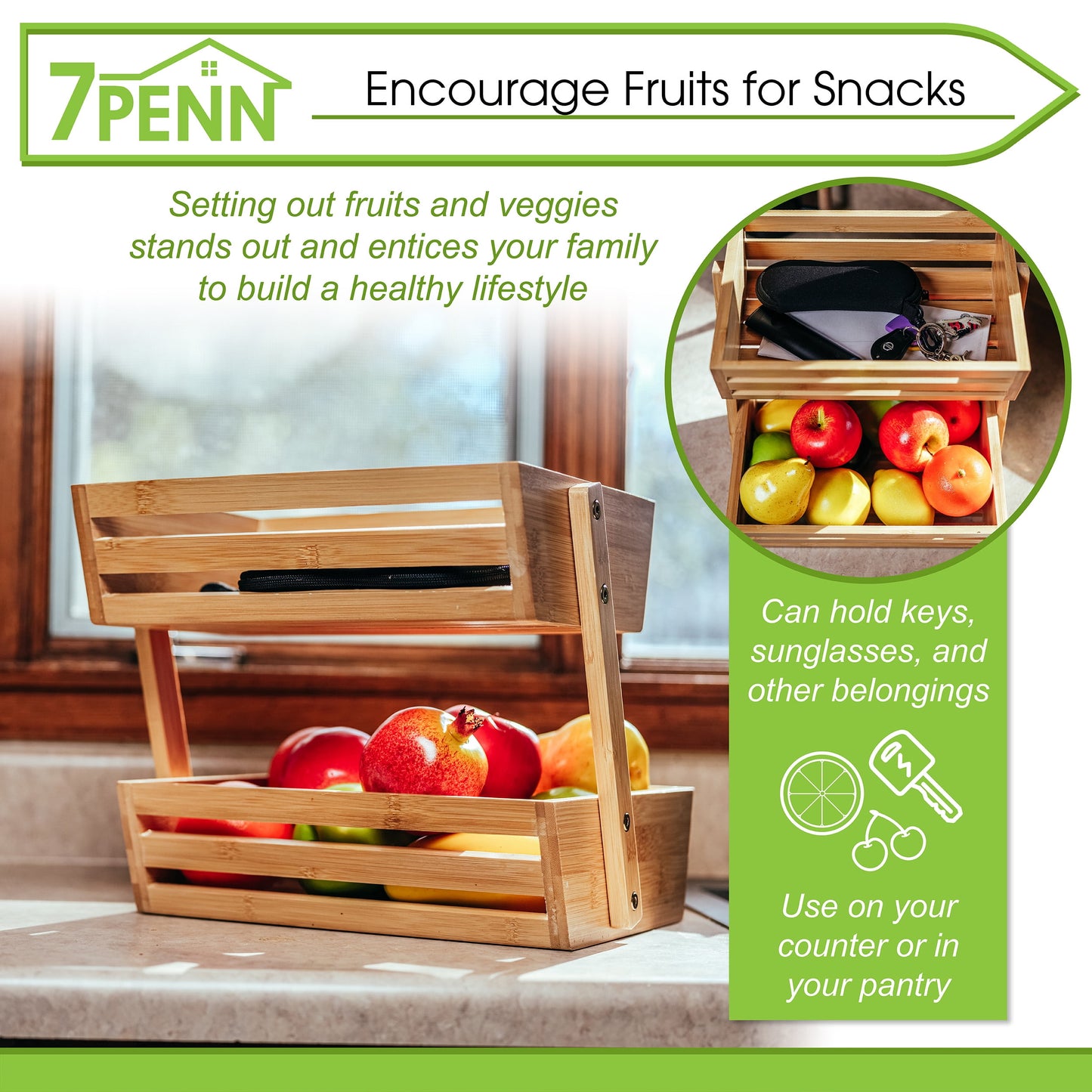7Penn 2 Tier Fruit Bowl - Bamboo Kitchen Fruit Basket Stand for Countertop