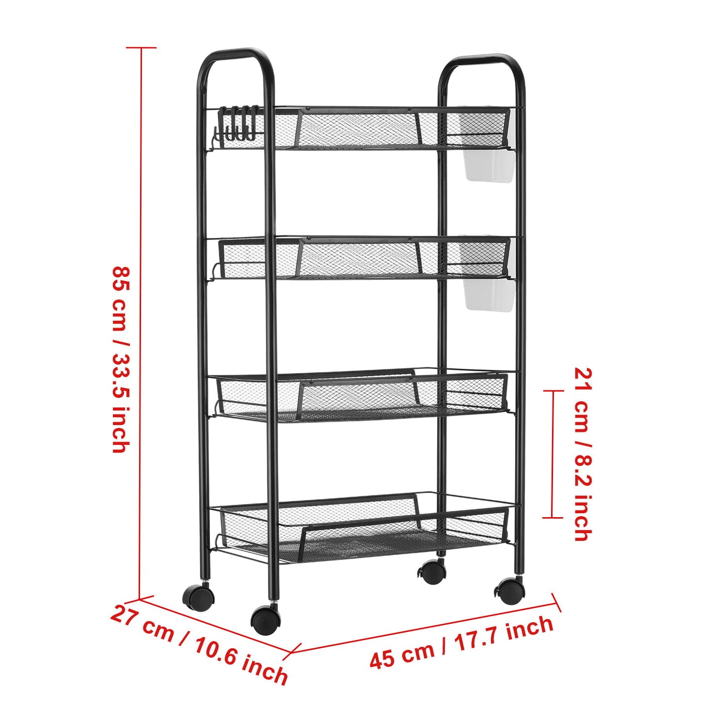 Oyajia 3 Tier Rolling Cart Organizer, Metal Mesh Rolling Storage Cart with Wheels, Small Rolling Trolley Cart, 2 Hanging Bucket and 4 Hooks .Black