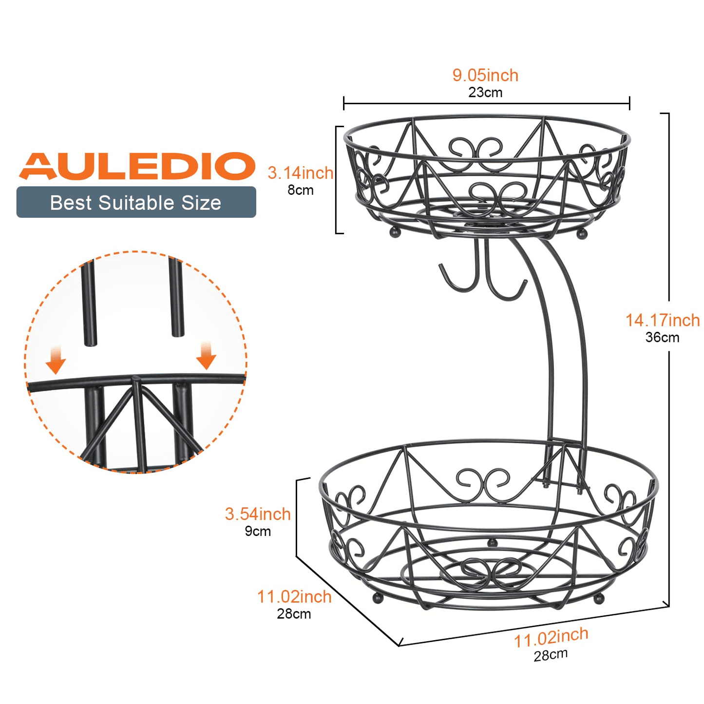 Auledio 2-Tier Countertop Fruit & Vegetable Basket & Bowl Storage with Double Banana Hooks, Black