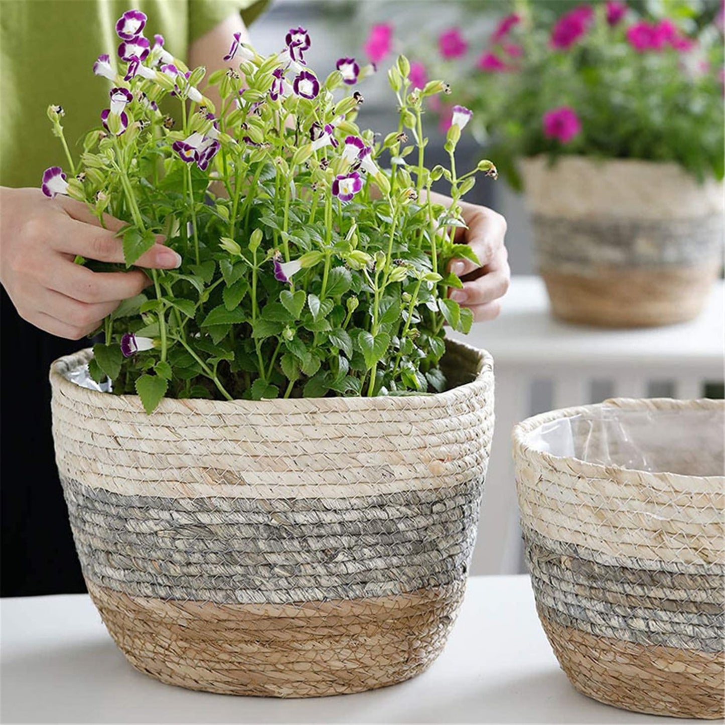 Bidobibo Basket Planters ,Geometry Planter Flower Pot Indoor and Outdoor Modern Decorative Garden Pot with Drainage Hole for All House Plants, Flowers, Herbs,Large size: 22x15x14cm/8.7x5.9x5.5inch