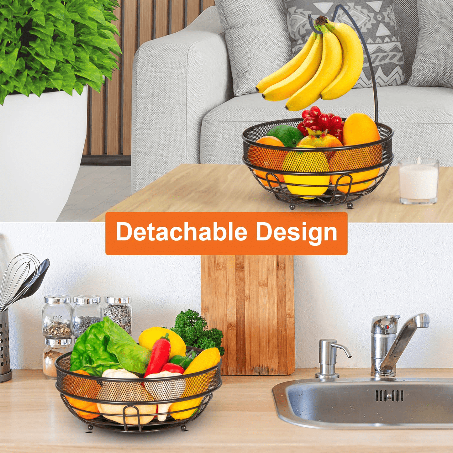 Bextsrack 2-Tier Fruit Basket Bowl with Banana Hook, Removable Vegetable Storage Kitchen Countertop, Bronze